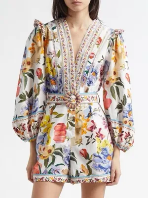 Farm Rio Greek Garden Long Sleeve Plunge Neck Cotton Romper S thumbnail 1