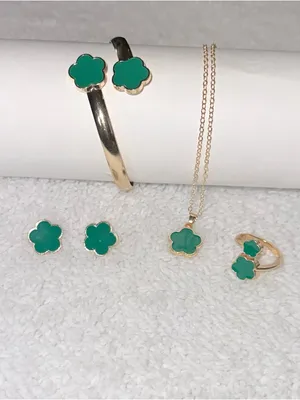 4pc green Clover Jewelry Set - Green Enamel Necklace, Bracelet, Ring & Earrings thumbnail 2