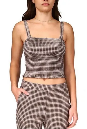 Sanctuary Brown Gingham Plaid Smocked Crop Tank Top Size Medium thumbnail 1