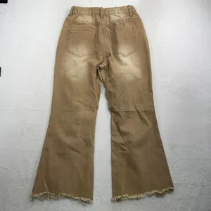 Boho S Jeans Flare Distressed Tan High Rise Raw Hem Shredded Knee Streetwear thumbnail 9