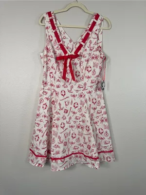 Hell Bunny Red White Nautical Print Fit & Flare Dress Womens XL Rockabilly NWT thumbnail 12