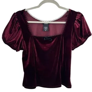 AURA Burgundy Babydoll Velvet Puff Sleeve‎ Square Neck Bow Top Womens Medium thumbnail 2