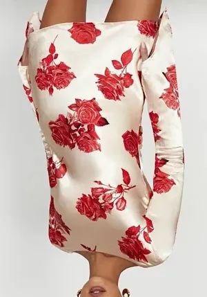 NWT MESHKI Davina satin long sleeve mini open back rose print dress size XS thumbnail 1