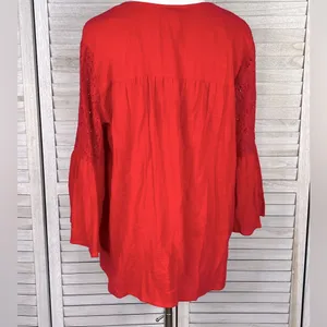 KNOX ROSE Tie Bottom Blouse w Lace Trim and Bell Sleeves Red-XL thumbnail 4