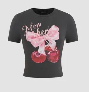 Cider Round Neck Bowknot Cherry Graphic Cropped Top Tee thumbnail 1