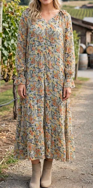 Vici Sheer Floral Maxi Dress in Peach, Blue, Cream XS thumbnail 1