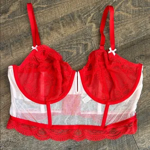 Auden Red & White Lace Underwire Bustier Longline Bra Size‎ XL thumbnail 1