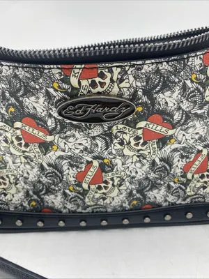 Ed Hardy Shoulder Bag Black Love Kills Slowly Studded Purse Grunge Goth Chains thumbnail 2