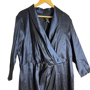 Marina Plus Size Navy Taffeta Surplice V-Neck 3/4 Sleeve Faux Wrap Dress 2X thumbnail 4