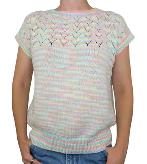 Vintage Homemade Pastel Rainbow Crochet Short Sleeve Sweater Shirt thumbnail 1