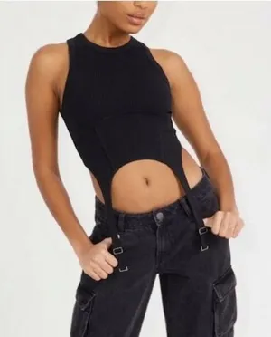 GARAGE Ribbed Garter Tank Top in Black thumbnail 1