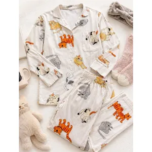 Aegean Apparel Cat Print 100% Cotton Pajama Set White Womens Medium EUC thumbnail 2