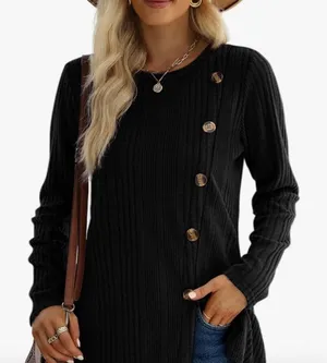Womens Black Ribbed Knit Long Sleeve Top Asymmetrical Button Accent Boho‎ Large thumbnail 1