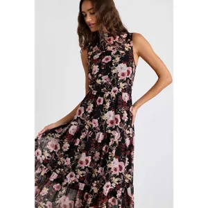 Lulus In My Dreams Black and Pink Floral Print Midi Dress Tiered Resort Small thumbnail 6