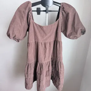 American Eagle AEO Brown Corduroy Baby Doll Tiered Mini Dress Puff Sleeves M thumbnail 2