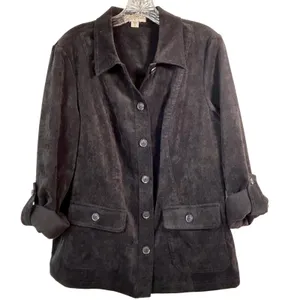 Coldwater Creek Black Faux Suede Button Front Jacket XL 16 Roll Tab Sleeve‎ thumbnail 1