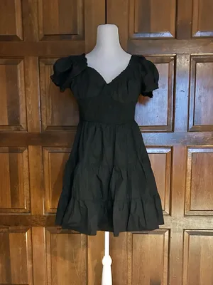 Princess Polly Black Mini Dress Size 10 Milkmaid Smocked Puff‎ Sleeve Tiered thumbnail 2