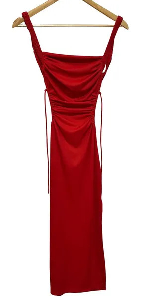 Shareen Collections Australia Red Ribbed Ruched Open Back Midi Dress Size US 2 thumbnail 1
