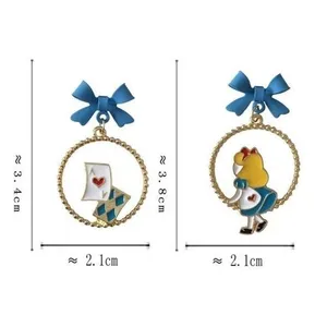 Alice in Wonderland‎ Asymmetric Enamel Hoop Earrings Blue Bow Ace of Hearts thumbnail 6