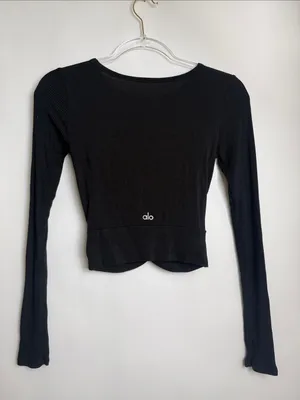 Alo Yoga Black Cover Long Sleeve Cropped Ribbed Top Wrap Detail Size Small thumbnail 5