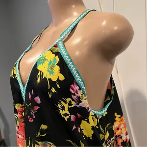 Floral sheer swim coverup Maxi Dress w/embroidery Trim size L high side slits thumbnail 6