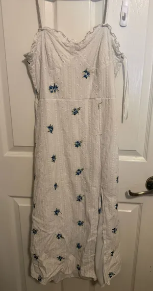 Kirious Los Angeles White Eyelet Blue Floral Embroidered Maxi Dress thumbnail 1