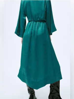 Zaraw Teal Satin-Feel Wrap Midi Dress with Leg Slit thumbnail 2