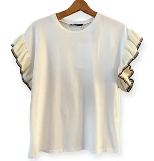 ZARA Trimmed T-Shirt White Top Gold Black Knit Cap Sleeve Ruffle Crew Neck Small thumbnail 1