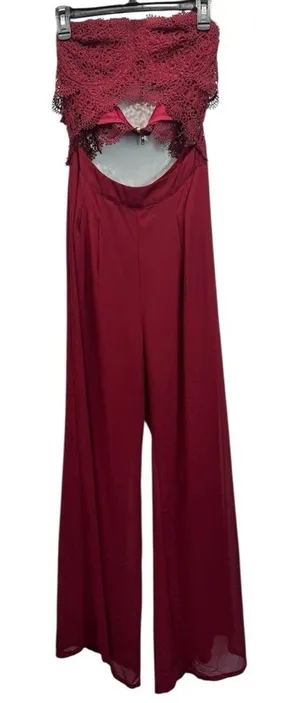 Papaya Burgundy Maroon Jumpsuit Lace Top Bare Midriff Open Back Wide Leg Sheer Overlay thumbnail 1