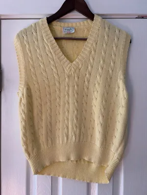 Vintage Benetton Yellow Cable Knit Sweater Vest Italy 100% Cotton V-Neck‎ Est. M thumbnail 1