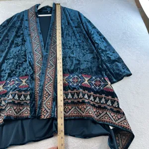 Boho Large L Crushed Velvet Kimono Embroidered Teal Open Front ANDREE By Unit thumbnail 11