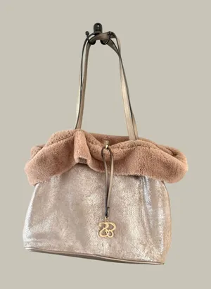 Jessica Simpson Metallic Champagne Faux Fur Trim Tote Bag Gold Logo Charm Large thumbnail 1