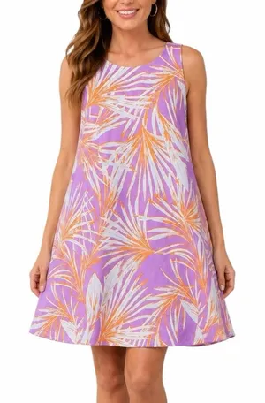 LOFT Tropical Palm Print Linen Blend Dress Women’s Size Medium Purple NWT Cruise thumbnail 1