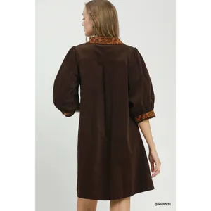 Umgee V-Neck Shift Dress with Contrast Trim - Brown - Medium thumbnail 3