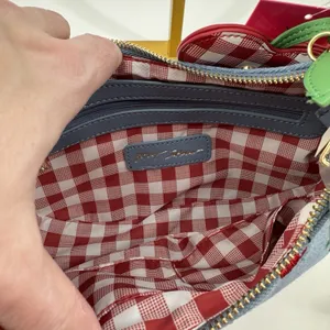Betsey Johnson Denim Cherry Embroidered Heart Charm Gingham Shoulder Bag NWT thumbnail 7