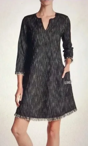 Nanette Lepore Tweed Fringe Hem Pocket Shift Dress Black‎ 6 Boho Lagenlook thumbnail 1