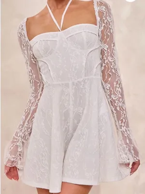 PrettyLittleThing White Lace Long Sleeve Mini Dress thumbnail 1