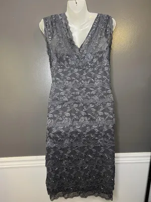 Blu Sage Dress Womens 10 Gray Lace Beaded V Neck Sheath Knee Length Party Formal thumbnail 7