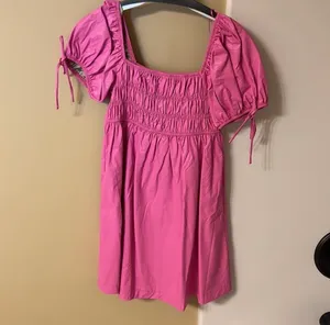 TCEC Pink Solid Smocked Square Neck Puff Sleeve Ruffle Mini Dress L thumbnail 2