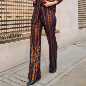 Zara The Abbey Flared Sequin Pants Women S Orange Black Striped Retro Party Glam thumbnail 2