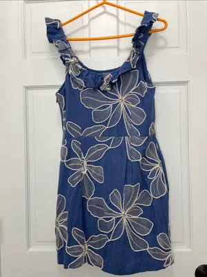 Loft Blue w/ Creme Floral Embroidered Ruffle Neckline Mini Dress - Size 10 thumbnail 8