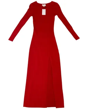 line and dot red long sleeve maxi‎ dress with slit XS thumbnail 1