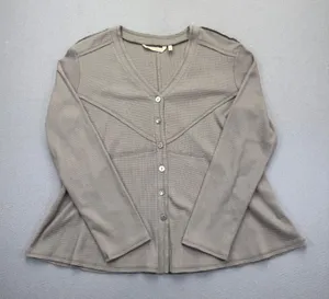 Soft Surroundings Womens Taupe Gray Waffle Knit Button Front Peplum Top 2CZ99 L‎ thumbnail 1