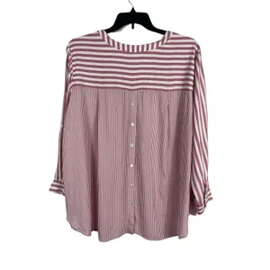 Jane & Delancey Womens 2X Pink White Striped Rayon Blouse Roll Tab High Low Top thumbnail 6