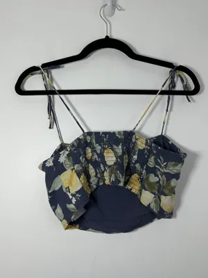 Abercrombie & Fitch Size Medium Blue Linen-Blend Crop Top Lemon Print Boho thumbnail 4