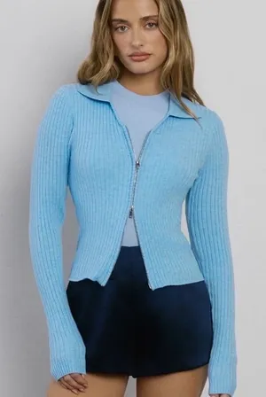 Hello Molly Light Blue Ribbed Knit Zip Up Cardigan Sweater XL US 10 Collar thumbnail 1