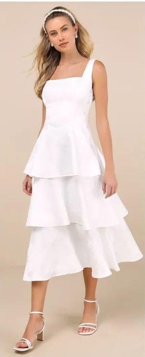 Lulus Elinore White Jacquard Tiered Midi Dress Size XL Feminine Bride Sleeveless thumbnail 1