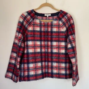 Madewell Wool Blend Red Plaid Fuzzy Pullover Long Sleeve Top ~ Women’s Size S thumbnail 1