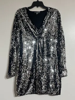 Primark Womens Silver‎ Black Sequin V-Neck Long Sleeve Mini Party Dress Large thumbnail 1