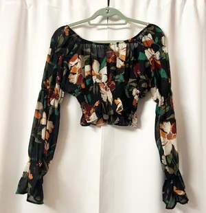 Black Square Neck Cottagecore Floral Chiffon Blouse With Ruffle Sleeves Top thumbnail 1